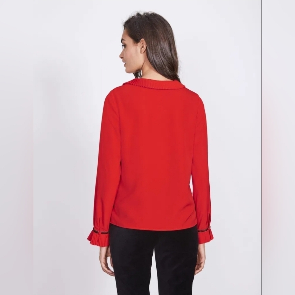 Boden Red Frieda Pleated Peter Pan Collar Velvet Neck Tie Bow Blouse Size 12 - Picture 5 of 16